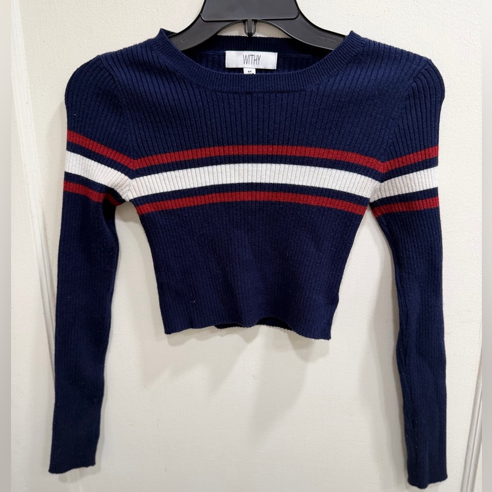 🧡 5 for $25! WITHY Navy Ribbed Crop Sweater with Red & White Stripes